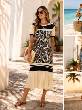 Kindred Black & Cream Pleated Midi Dress